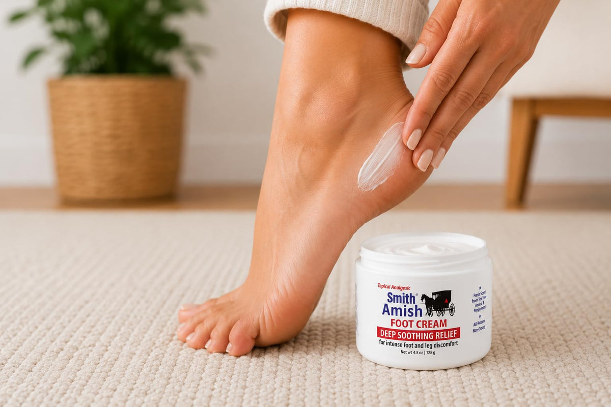 Smith Amish cream being massaged into foot to boost circulation benefit