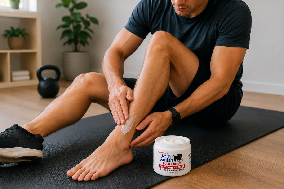 Smith Amish tube on bedside table suggesting nightly foot care benefit