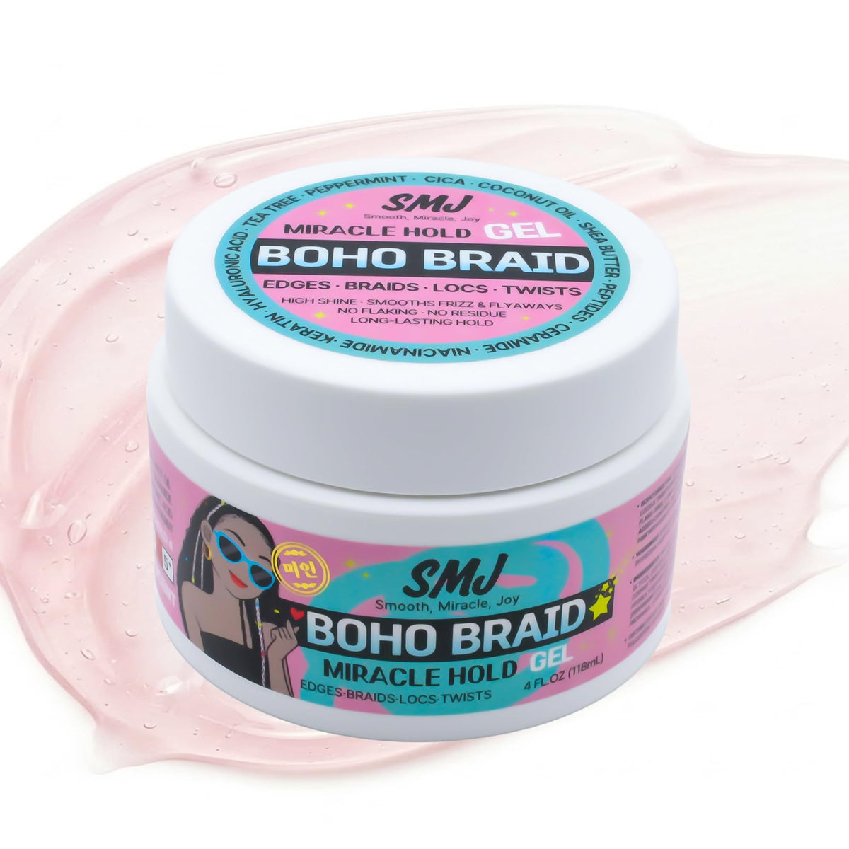 SMJ BOHO BRAID GEL front tube showing branding and size, promotes travel-ready convenience