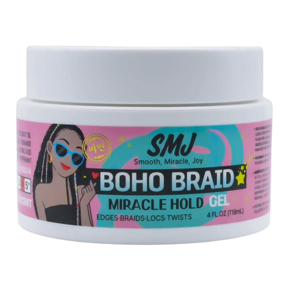 SMJ BOHO BRAID GEL label ingredient list highlighting hyaluronic acids and peptides benefit