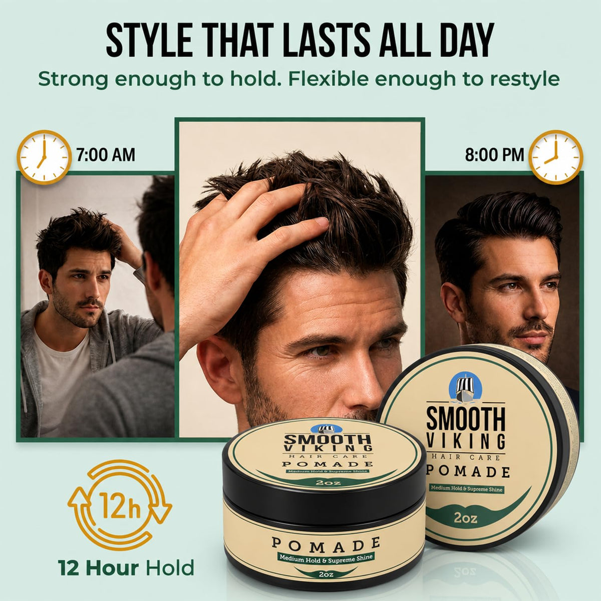SMOOTH VIKING comparison dry and damp hair showing flexible hold