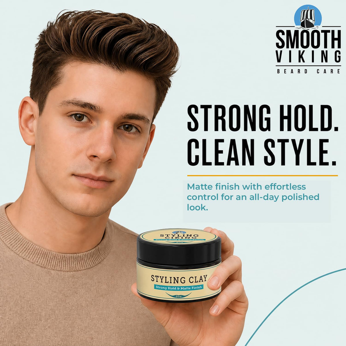 Smooth Viking styling in hair showing matte texture and hold benefit