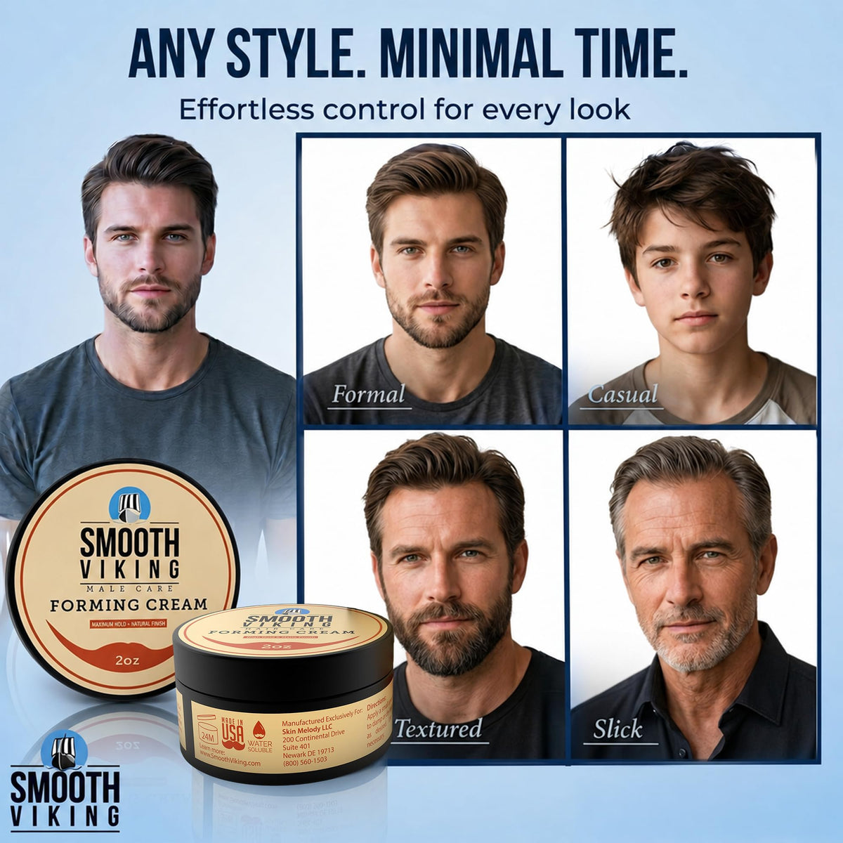 Smooth Viking styled short hair example showing strong matte hold benefit