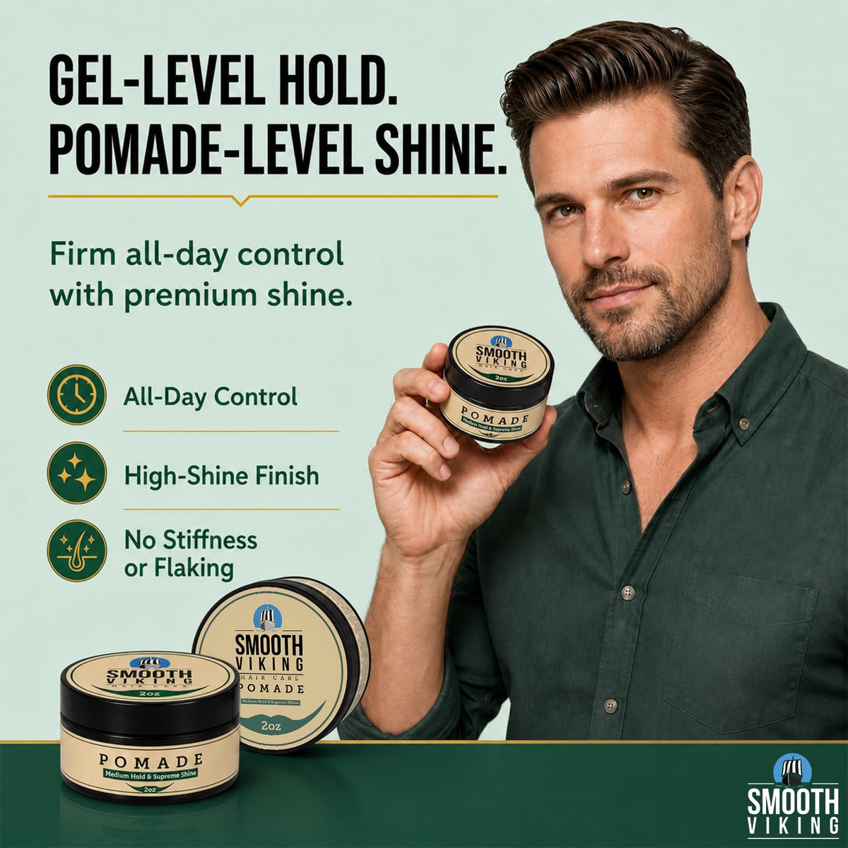 SMOOTH VIKING slick back hairstyle demonstrating long-lasting hold