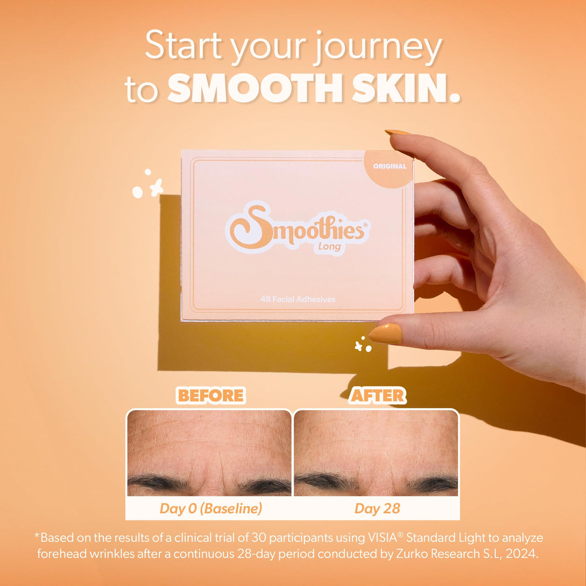 Smoothies patch applied on forehead demonstrating secure overnight adhesion for smoother morning appearance