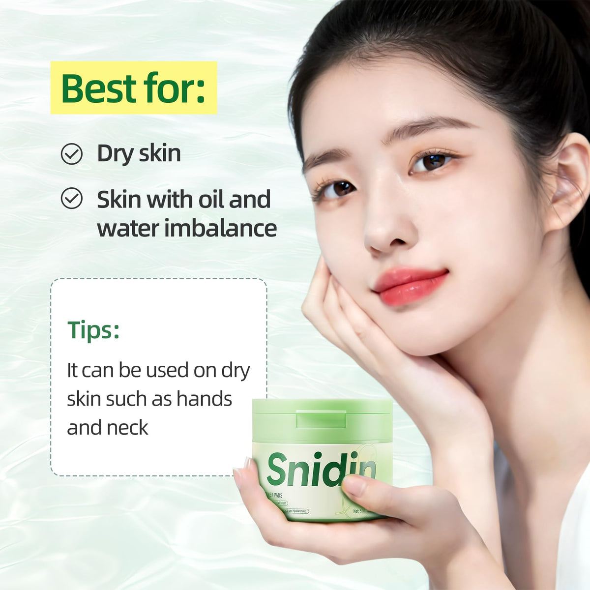 Applying a Snidin pad to cheek for hydration and calming benefit