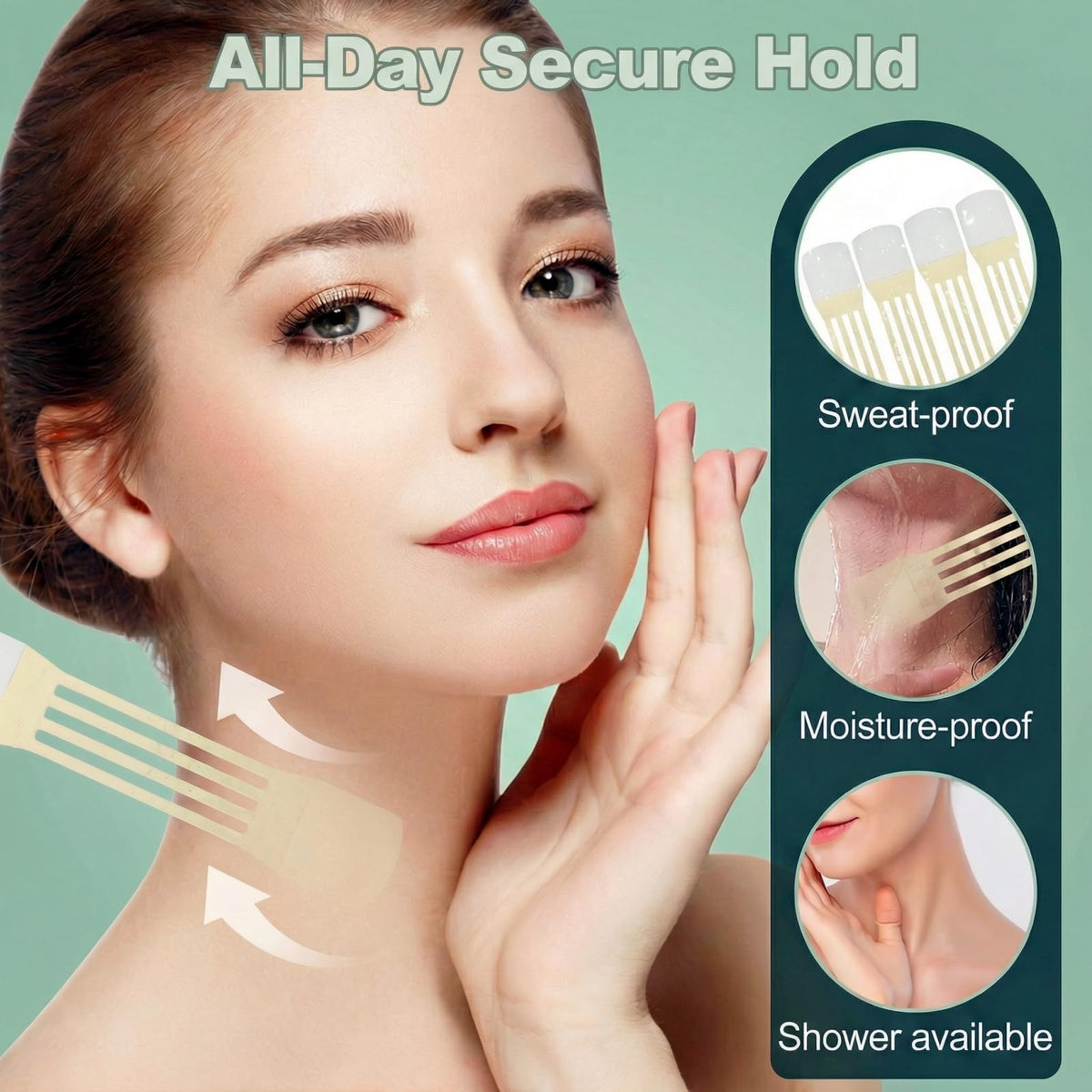 Snifflink strip being applied under jawline on model, discreet lift and comfortable hold