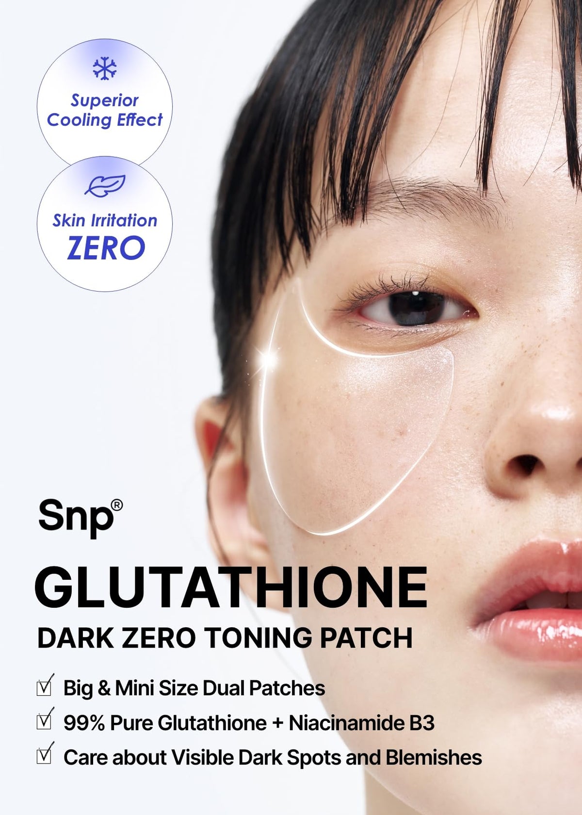 SNP patch applied under eye demonstrating reduced dullness