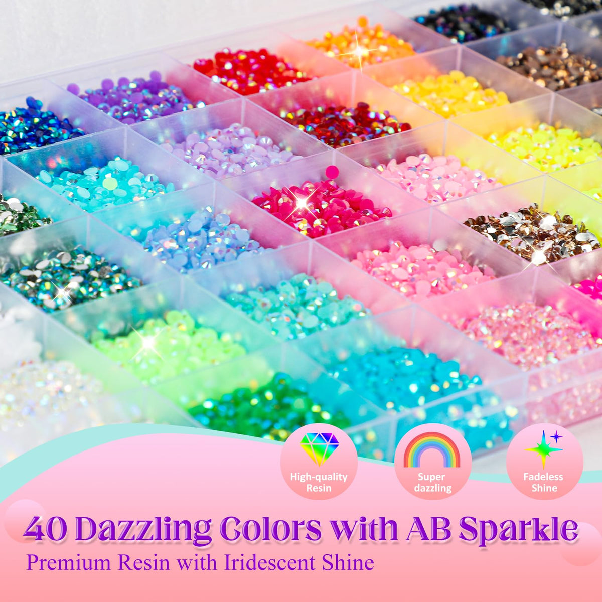 SNUGYOURT close-up of 3mm AB-coated resin rhinestones showing brilliant sparkle benefit