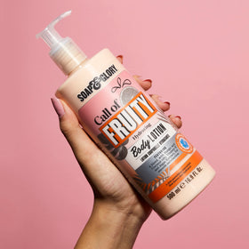 Soap & Glory bottle in hand for scale demonstrating generous 500ml size benefit
