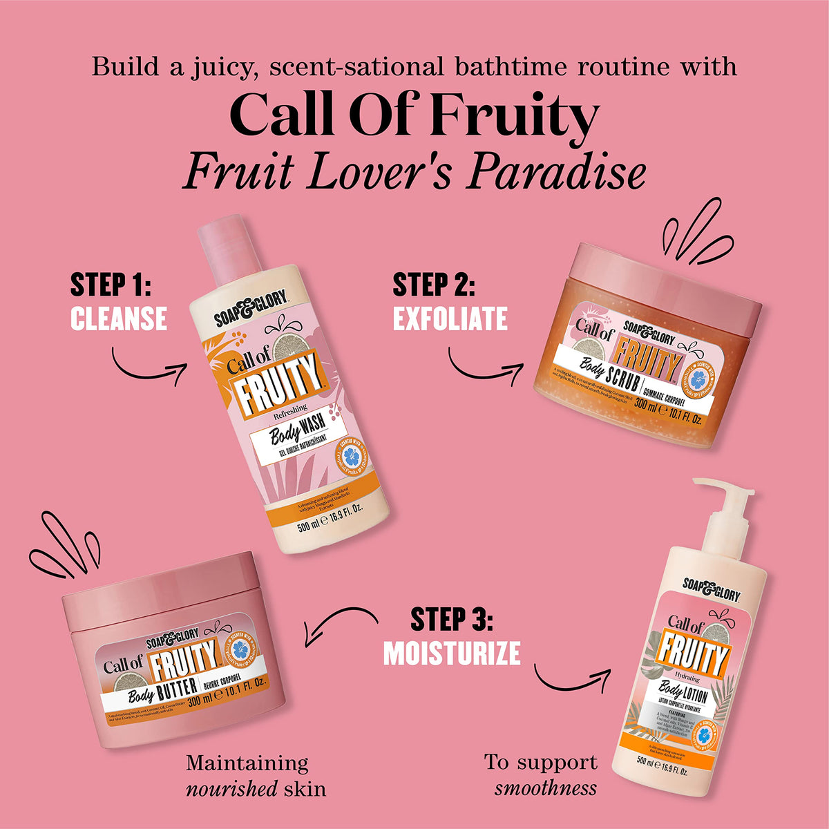 Soap & Glory bottle staged with tropical props evoking uplifting fruity scent benefit