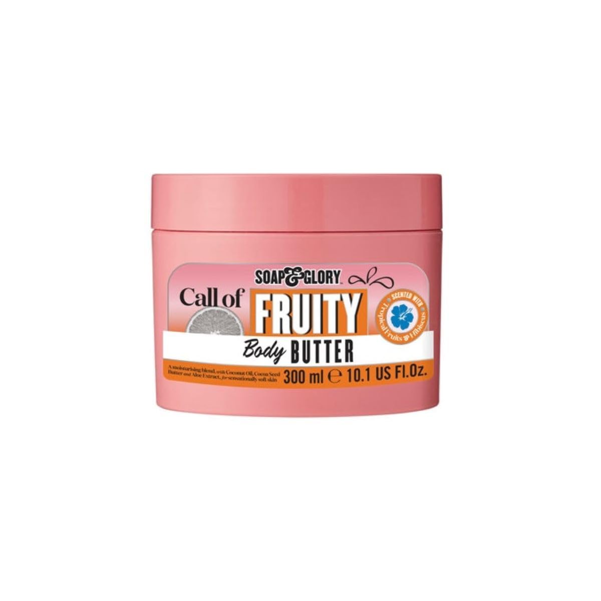 Soap & Glory tub front view showing vibrant tropical packaging and benefit of deep hydration