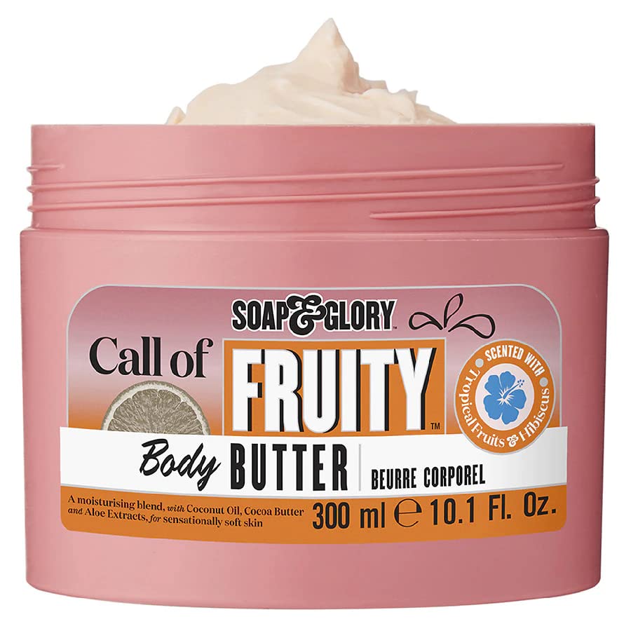 Open tub of Soap & Glory revealing smooth body butter for easy scooping and application