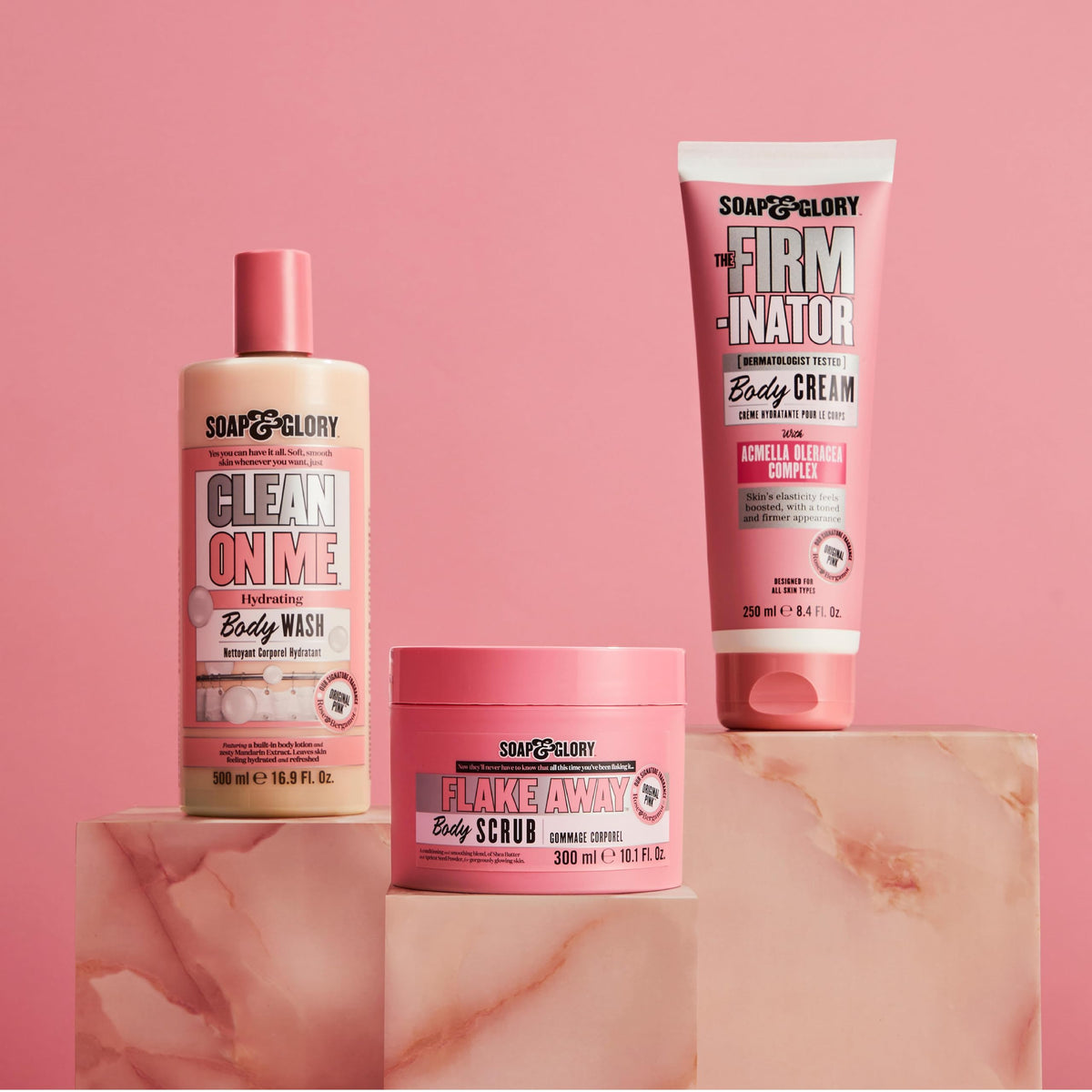 Acmella plant ingredient visual with Soap & Glory label, emphasizing targeted firming complex