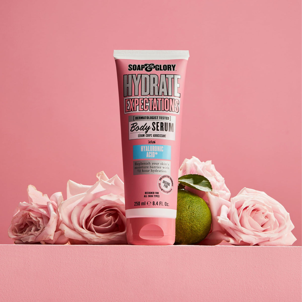 Soap & Glory lifestyle on bathroom shelf conveying everyday use and pleasant scent