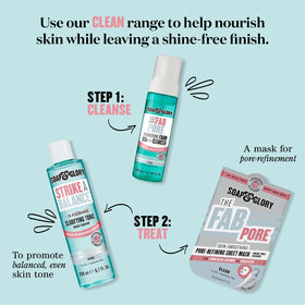 Soap & Glory creamy lather in hands showing easy rinse-off benefit