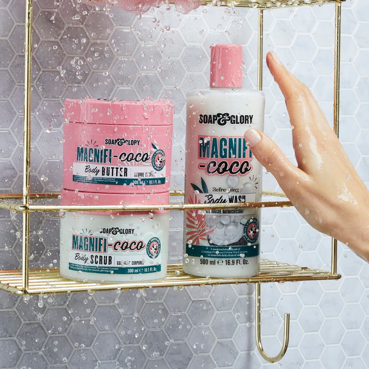 Soap & Glory bottle held in hand to convey 16.9 fl oz scale and portability