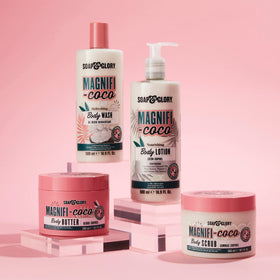 Soap & Glory ingredients closeup featuring coconut shell powder and natural polish benefit