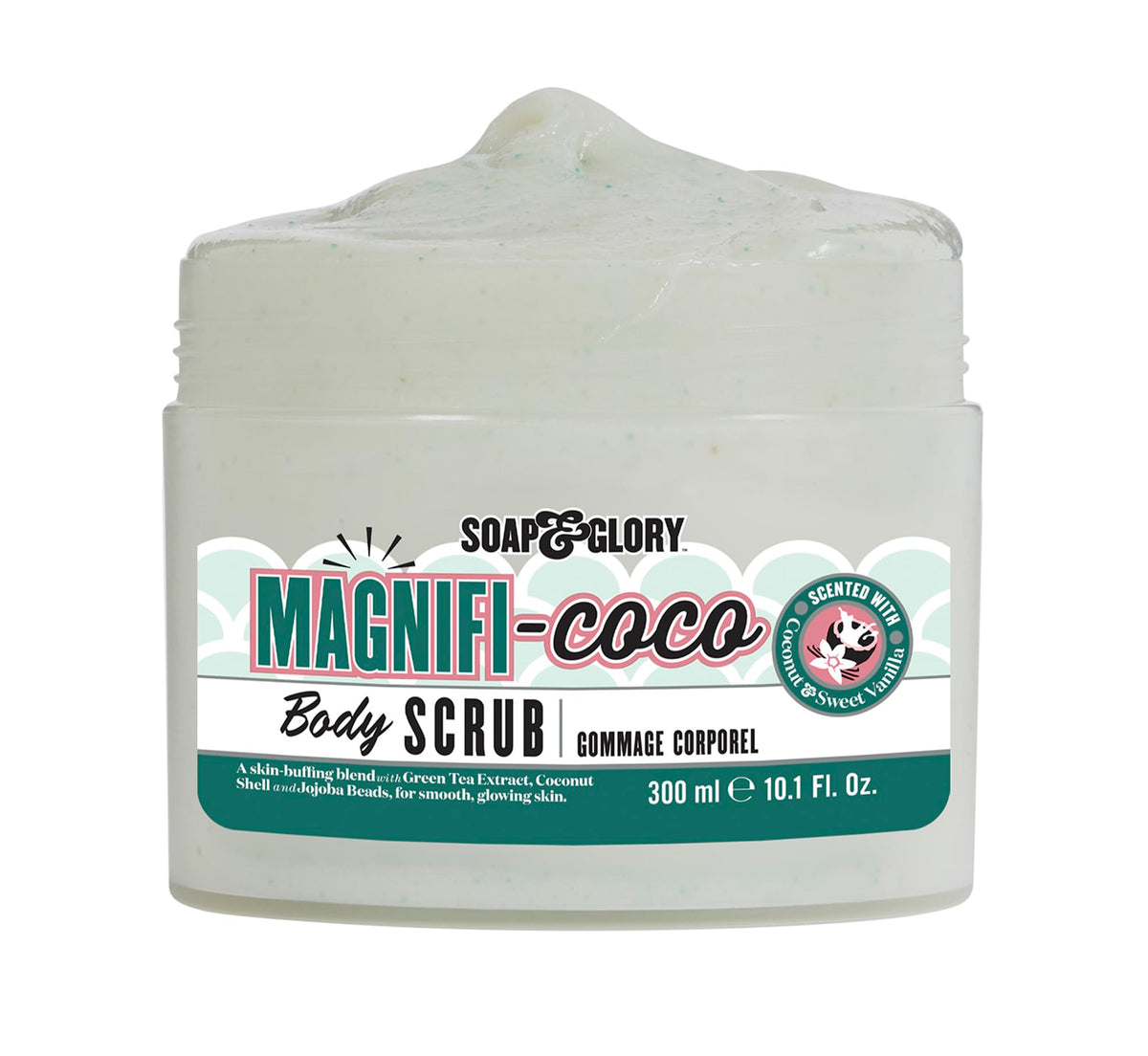 Soap & Glory open tub showing scrub texture and gentle exfoliation benefit