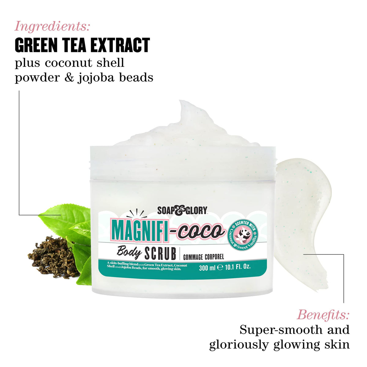 Soap & Glory scrub on hand demonstrating easy application and smooth skin benefit