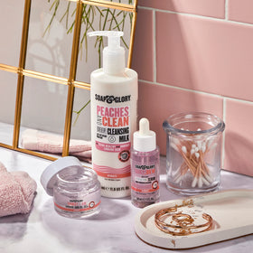 Soap & Glory cleanser on bathroom counter suggesting daily routine