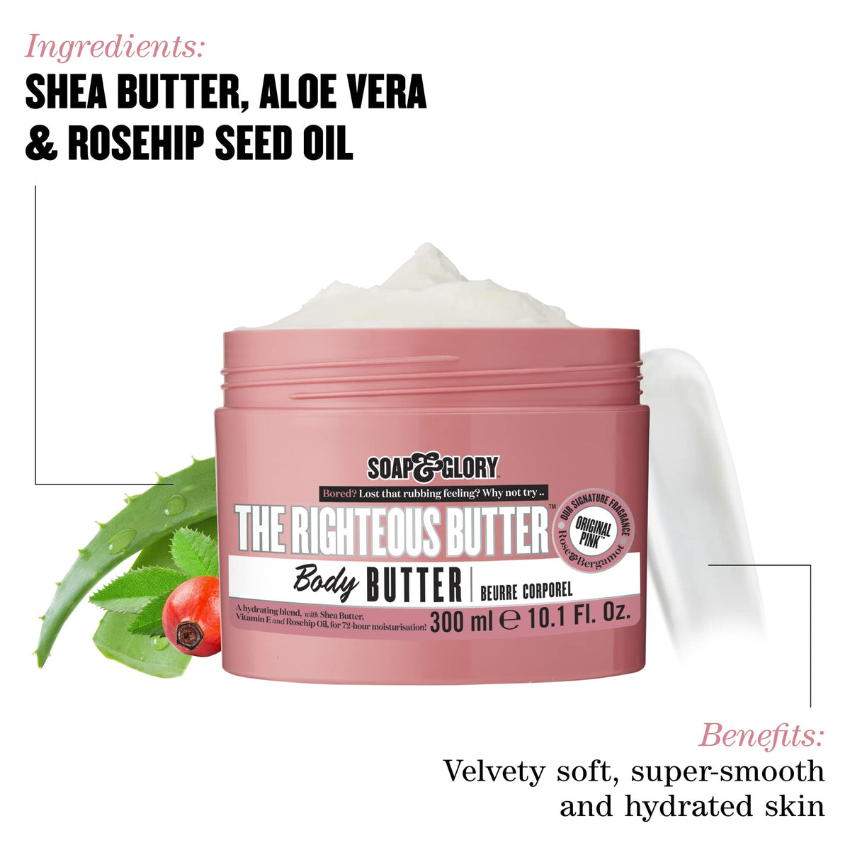 Soap & Glory applied to damp leg after shower, locks in moisture effectively
