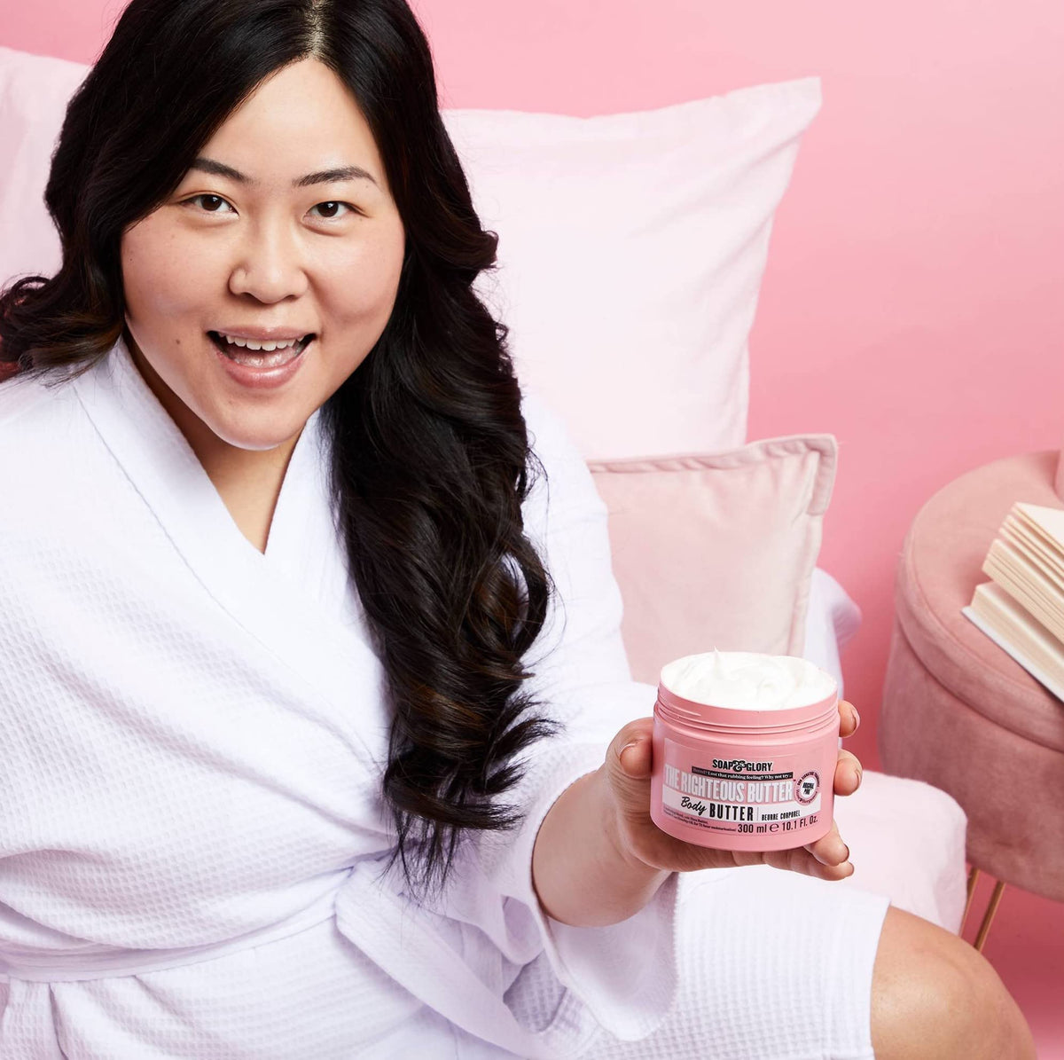Soap & Glory being smoothed on arm, demonstrates fast absorption and softness