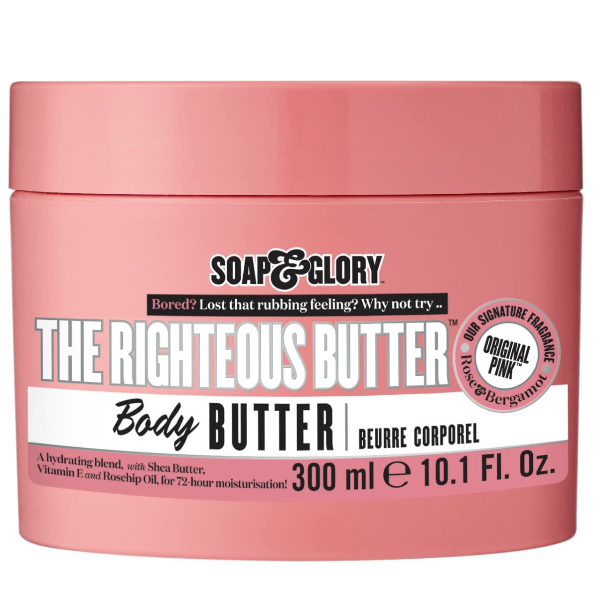 Soap & Glory front tub showing label and size, clear product identity and benefit
