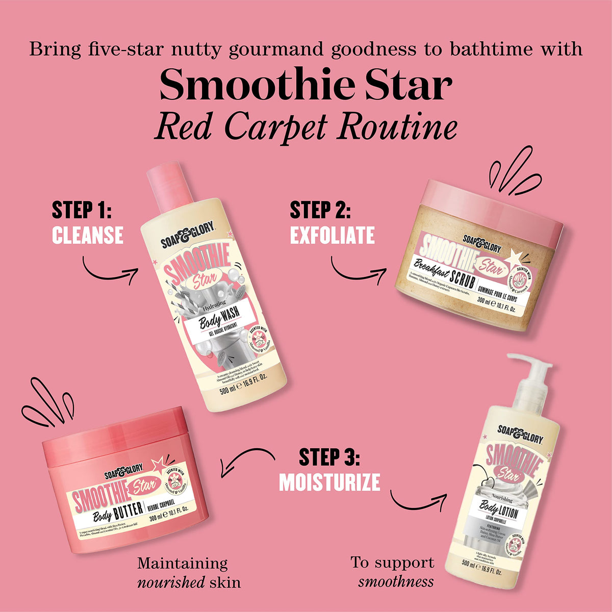 Soap & Glory scent lifestyle setup with almonds and caramel suggesting gourmand fragrance