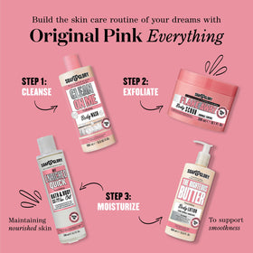 Soap & Glory scrub in shower setting showing application and exfoliating results