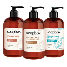 Soapbox three-pack front packaging showing all three scents and benefits