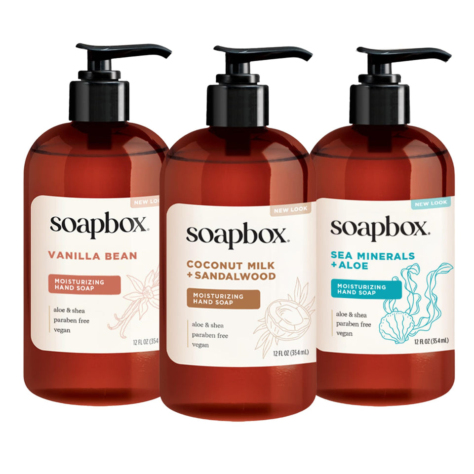 Soapbox three-pack front packaging showing all three scents and benefits