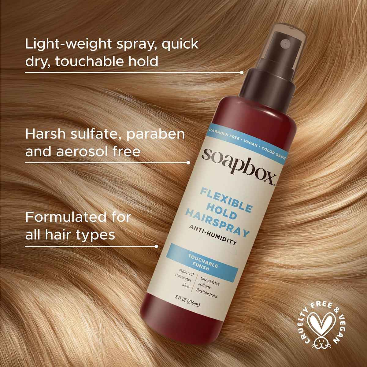 Soapbox argan oil and rice water ingredients highlighting smoothing benefit