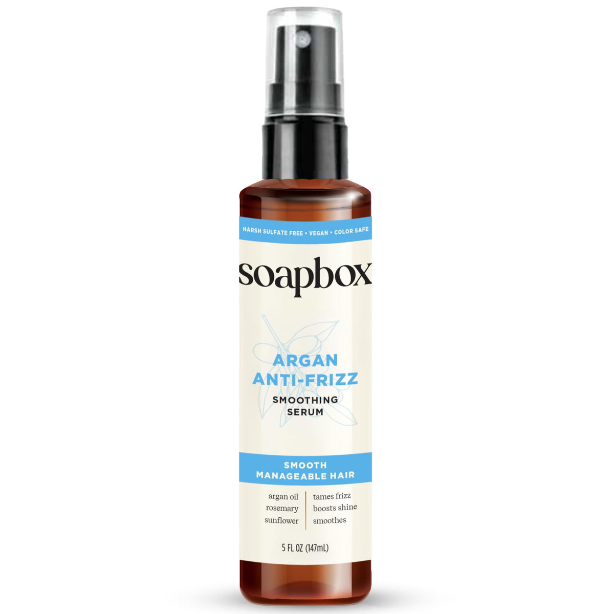 Soapbox bottle front packaging showing label and benefits for polished hair