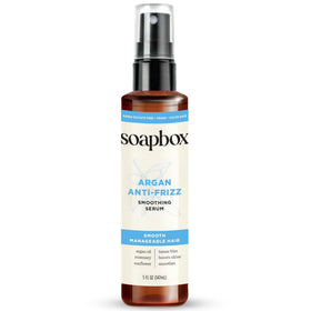 Soapbox bottle front packaging showing label and benefits for polished hair