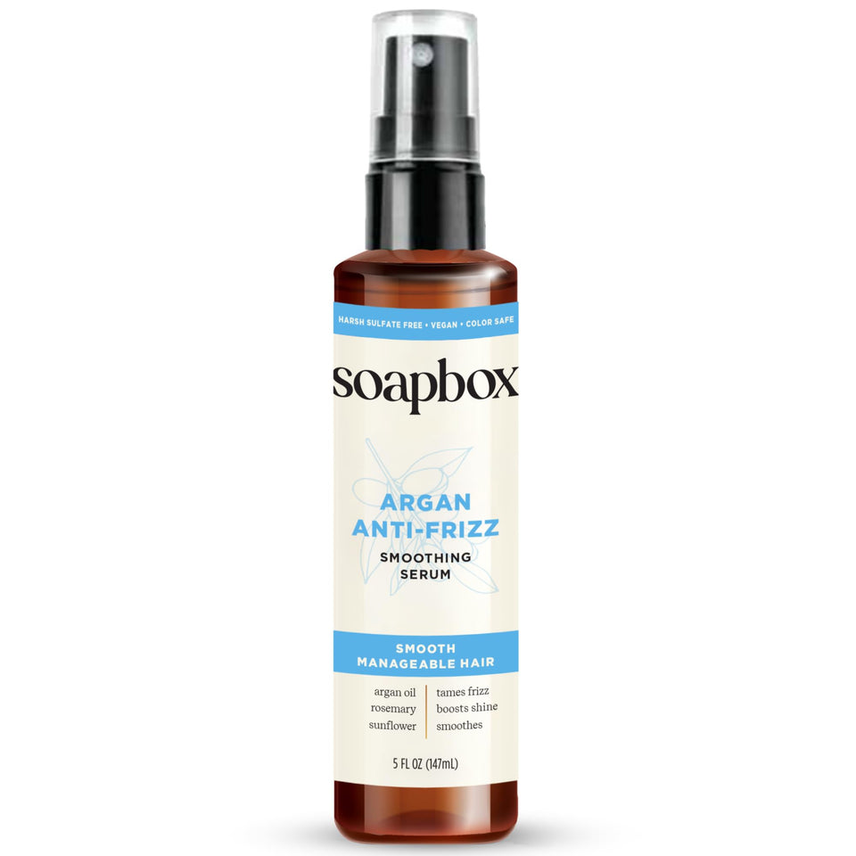 Soapbox bottle front packaging showing label and benefits for polished hair