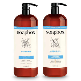 Soapbox front packaging showing argan oil and vanilla for smooth hair