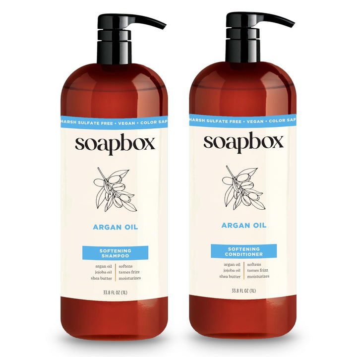 Soapbox front packaging showing argan oil and vanilla for smooth hair
