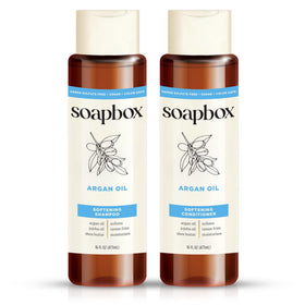 Soapbox argan oil & vanilla front pair showing bottles and label benefits
