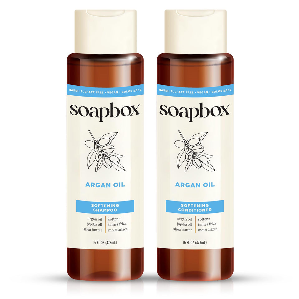 Soapbox argan oil & vanilla front pair showing bottles and label benefits