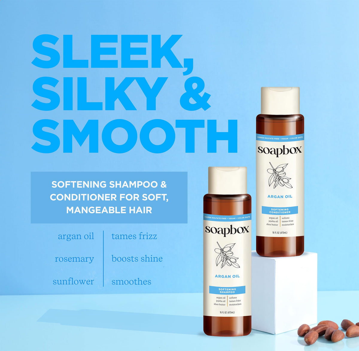 Soapbox argan oil & vanilla shampoo pump close-up for easy dispensing