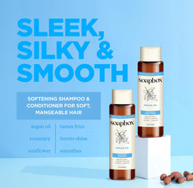 Soapbox argan oil & vanilla shampoo pump close-up for easy dispensing