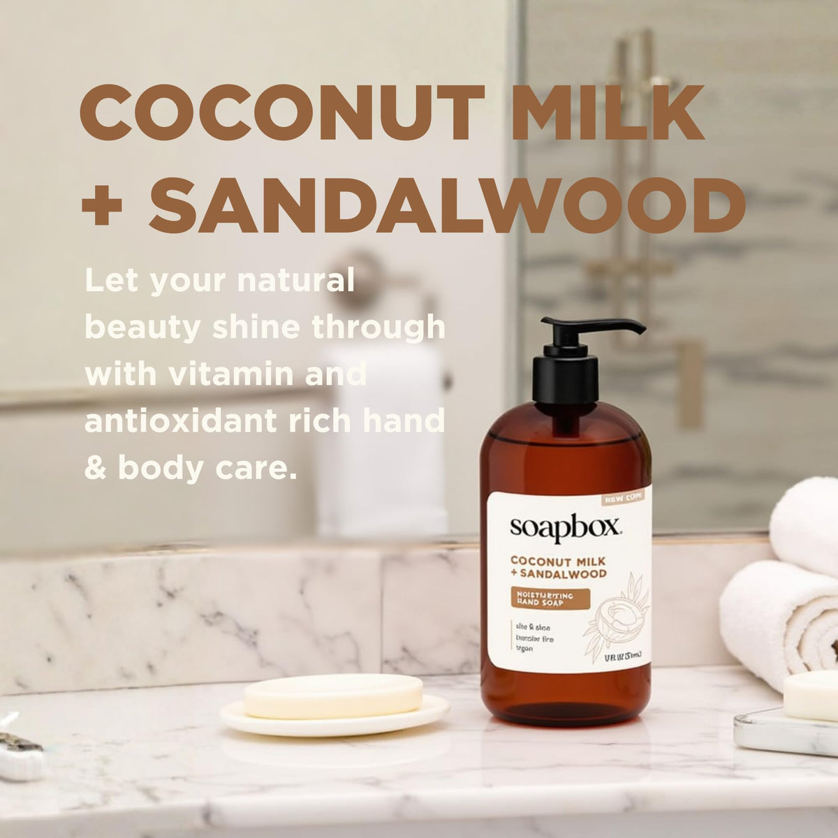 Soapbox on a bathroom counter creating a neat, inviting sink area