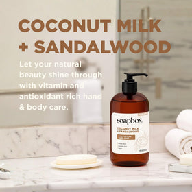 Soapbox on a bathroom counter creating a neat, inviting sink area