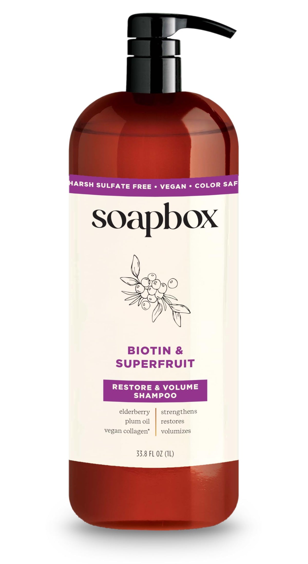 Soapbox biotin shampoo front pump bottle showing label and size benefits