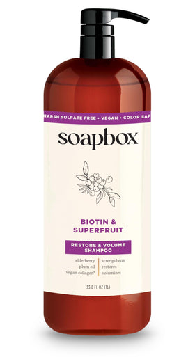Soapbox biotin shampoo front pump bottle showing label and size benefits