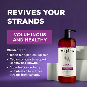 Soapbox biotin shampoo next to ruler showing 1 liter scale and value