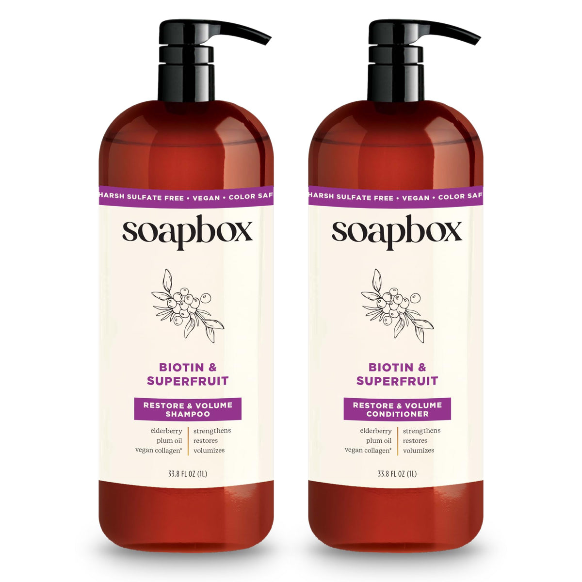 Soapbox front packaging showing volumizing shampoo and conditioner benefits