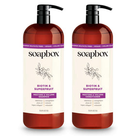 Soapbox front packaging showing volumizing shampoo and conditioner benefits