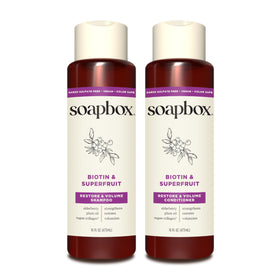 Soapbox biotin set front packaging shows benefits and clean formula
